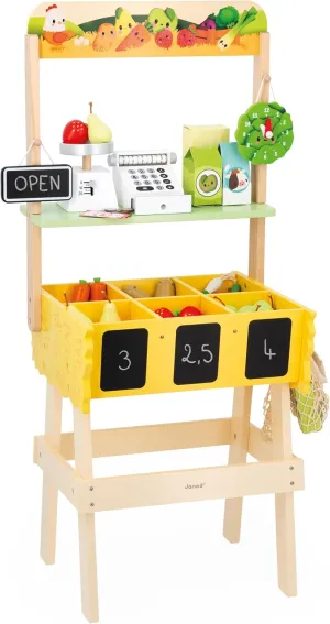 Janod - Children's Merchant Farm Market - Imitation Game for Children - 32 Accessories - Develops Imagination - Wooden Toy - Water Painting - J03322 from 3 Years, Yellow, Green