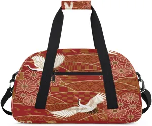 Japanese Crane Gym Duffel Bag for Men Women Retro Chrysanthemum Sports Tote Bag with Adjustable Shoulder Strap for Dance Gymnastics Traveling Outdoor Camping Overnight Stay