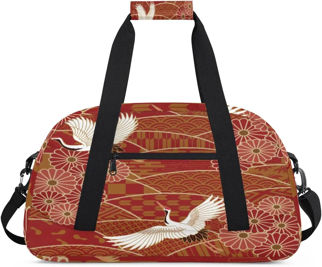 Japanese Crane Gym Duffel Bag for Men Women Retro Chrysanthemum Sports Tote Bag with Adjustable Shoulder Strap for Dance Gymnastics Traveling Outdoor Camping Overnight Stay