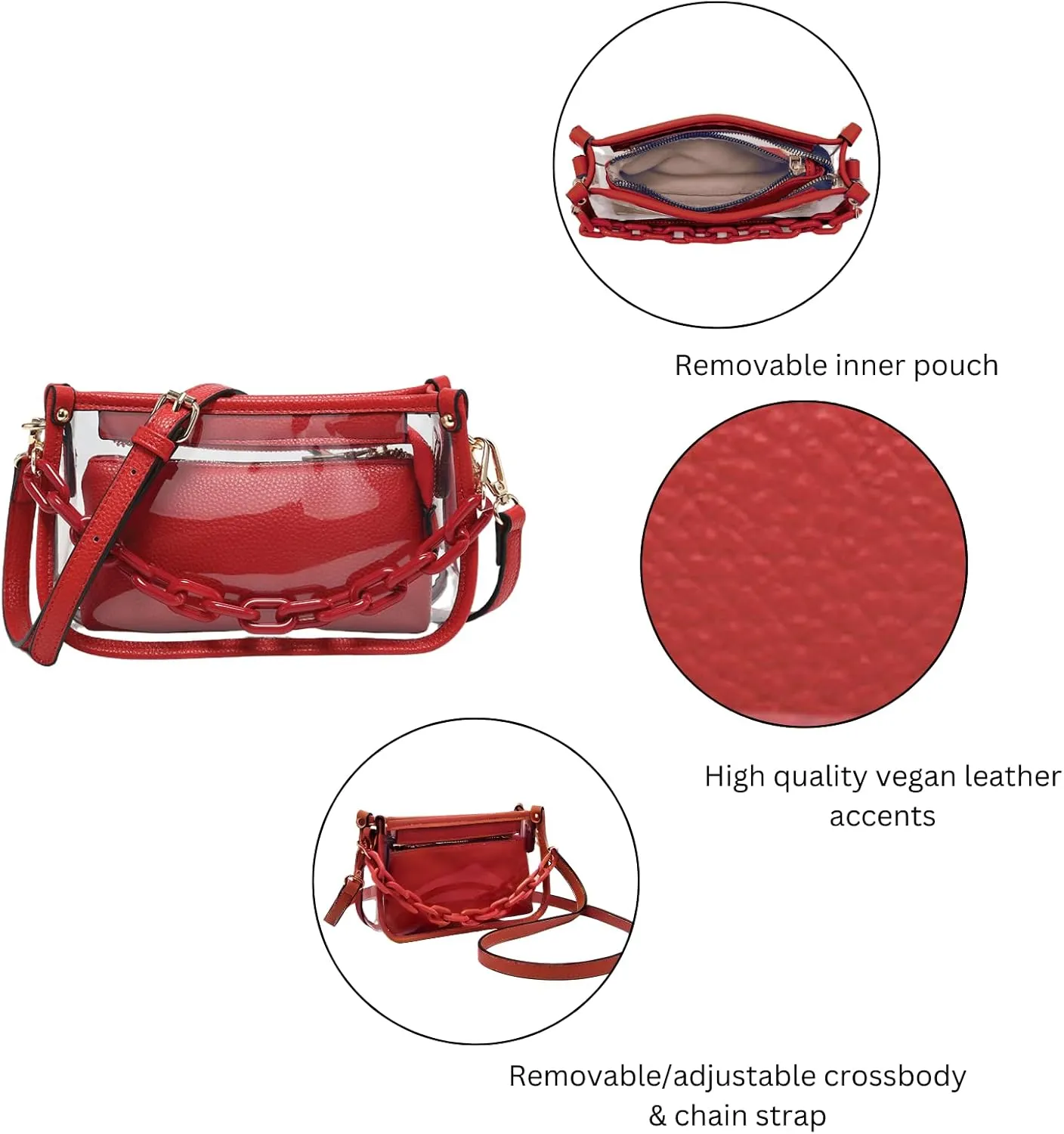 Jessica Vegan Clear Bag for Women Stadium Approved Crossbody Purses for Concerts Sports Events