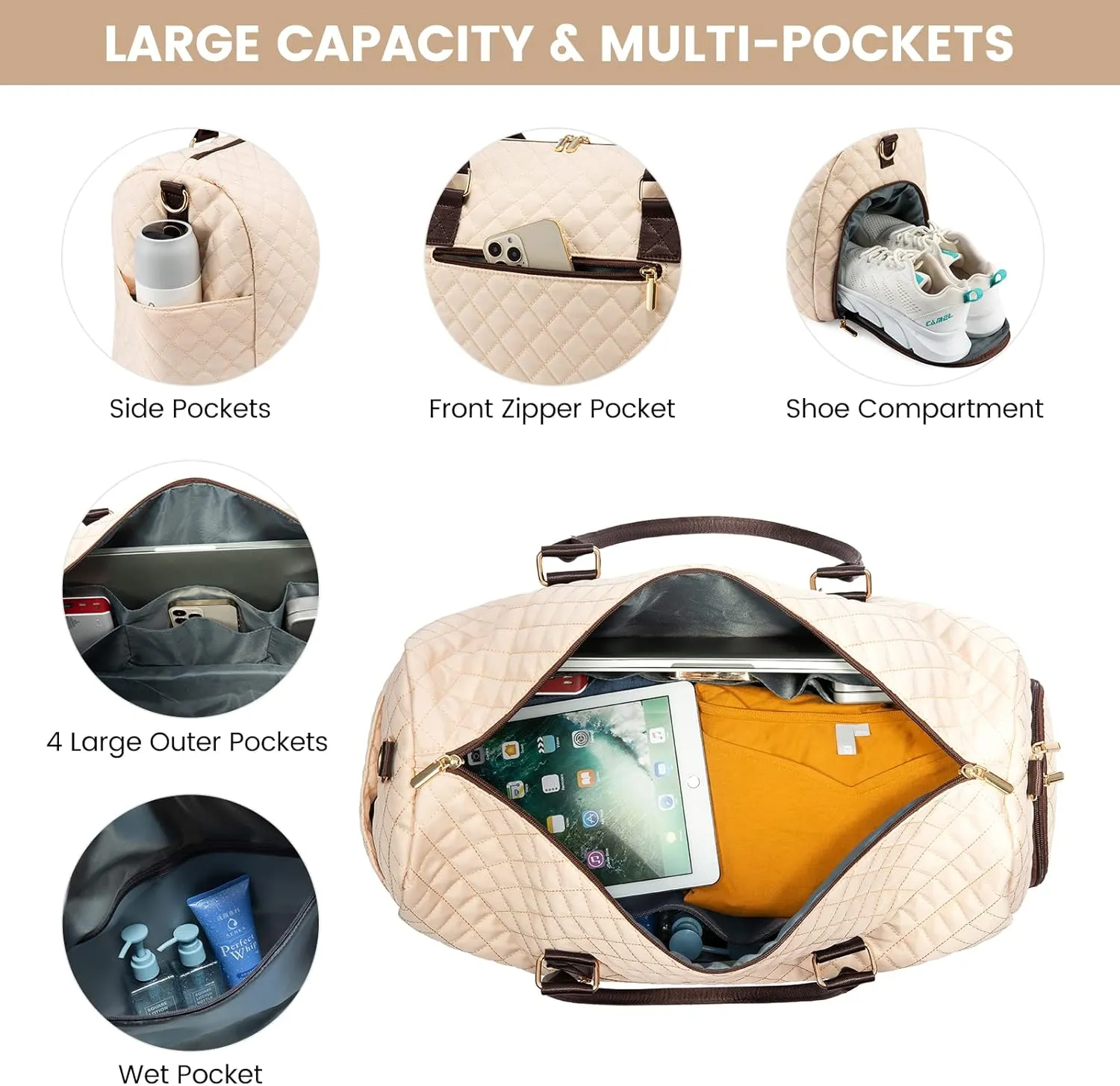 JFFD Travel Duffle Bag, Weekender Bag for Women, Carry on Overnight Bag with Shoe Compartment, Gym Duffel Bag with Wet Pocket, Mommy Hospital Bags for Labor and Delivery