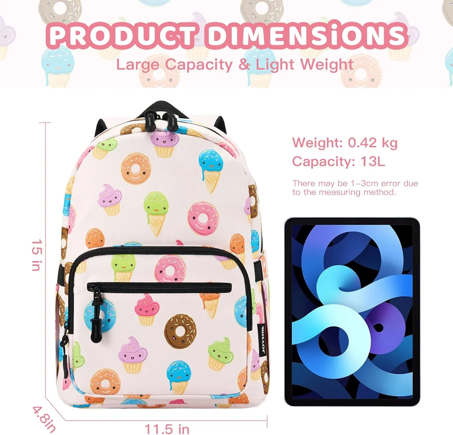 JOYHILL Kids Backpacks, Cute Lightweight Water Resistant Preschool Backpack, Adjustable Shoulder Straps for Boys Girls (Donut)
