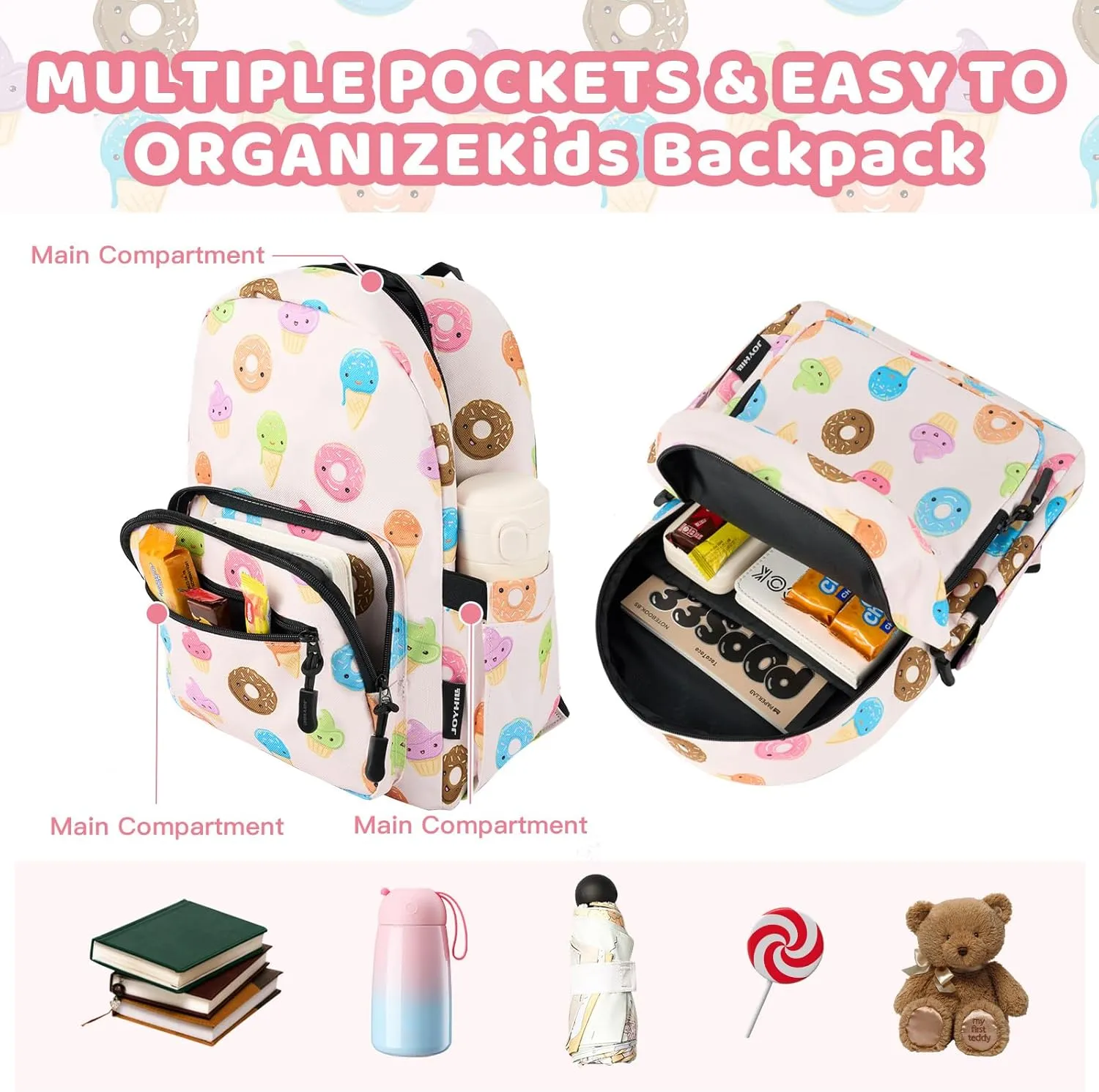 JOYHILL Kids Backpacks, Cute Lightweight Water Resistant Preschool Backpack, Adjustable Shoulder Straps for Boys Girls (Donut)