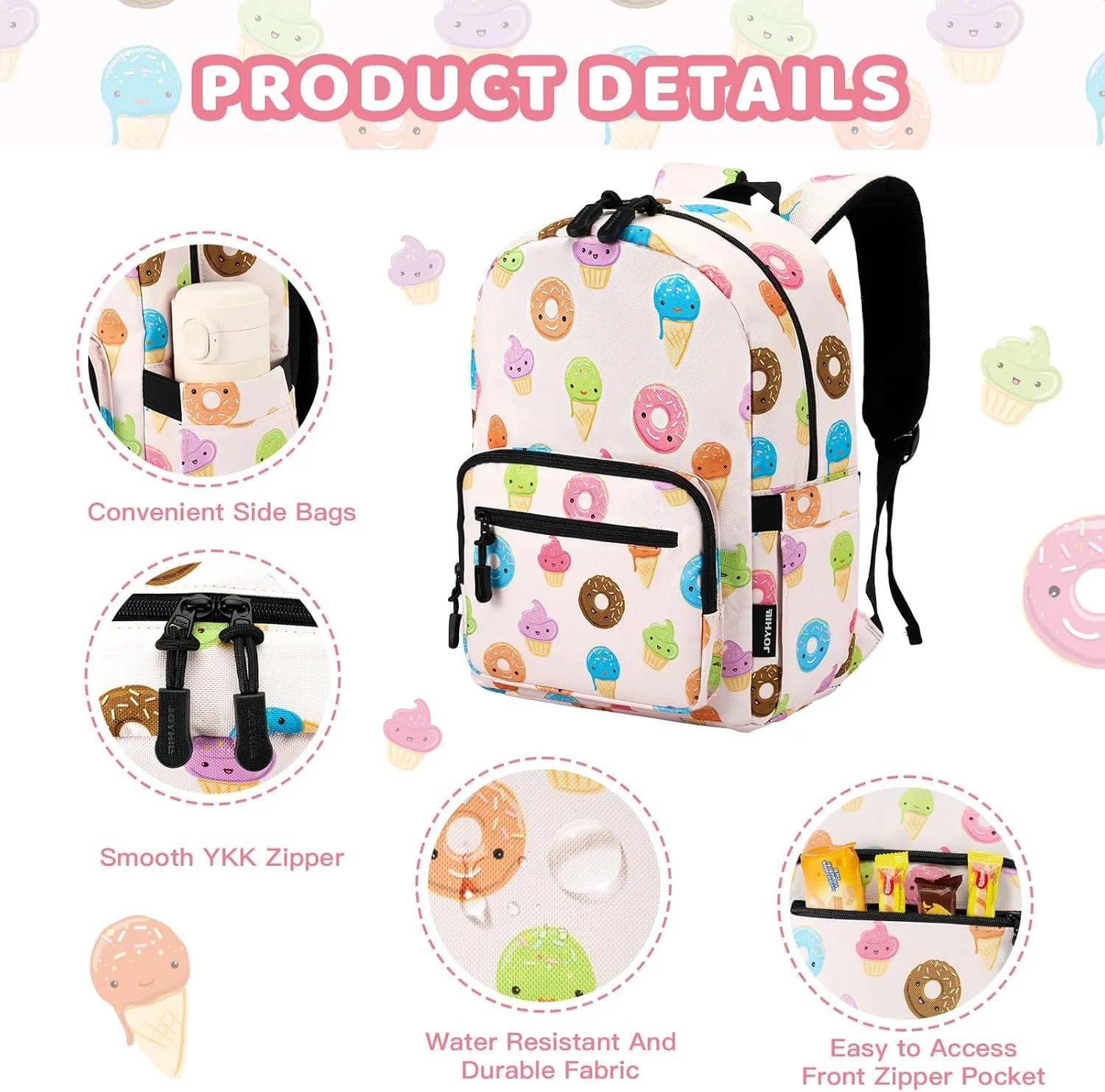 JOYHILL Kids Backpacks, Cute Lightweight Water Resistant Preschool Backpack, Adjustable Shoulder Straps for Boys Girls (Donut)
