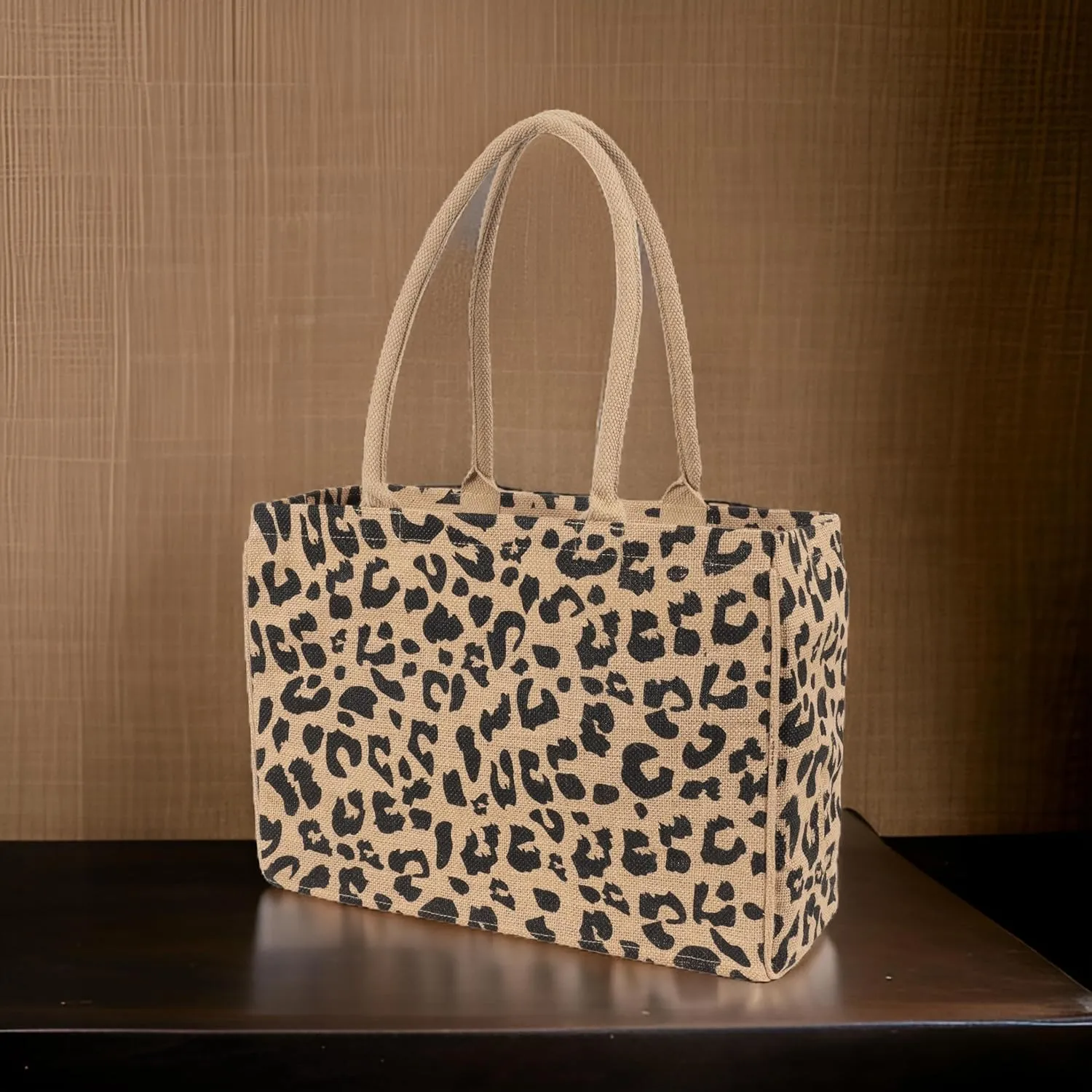 KAF Home Jute Market Tote Bag, Leopard Print, Durable Handle, Reinforced Bottom and Interior Zipper Pocket