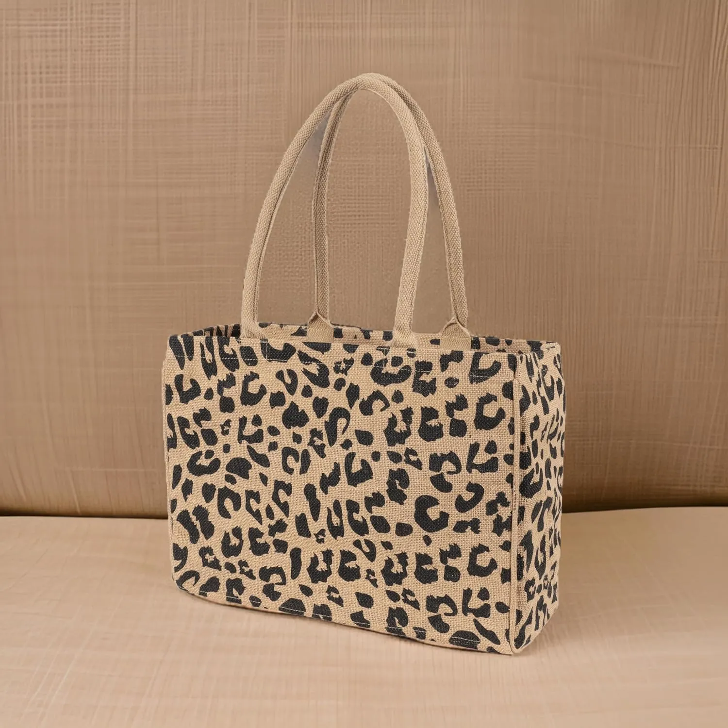 KAF Home Jute Market Tote Bag, Leopard Print, Durable Handle, Reinforced Bottom and Interior Zipper Pocket