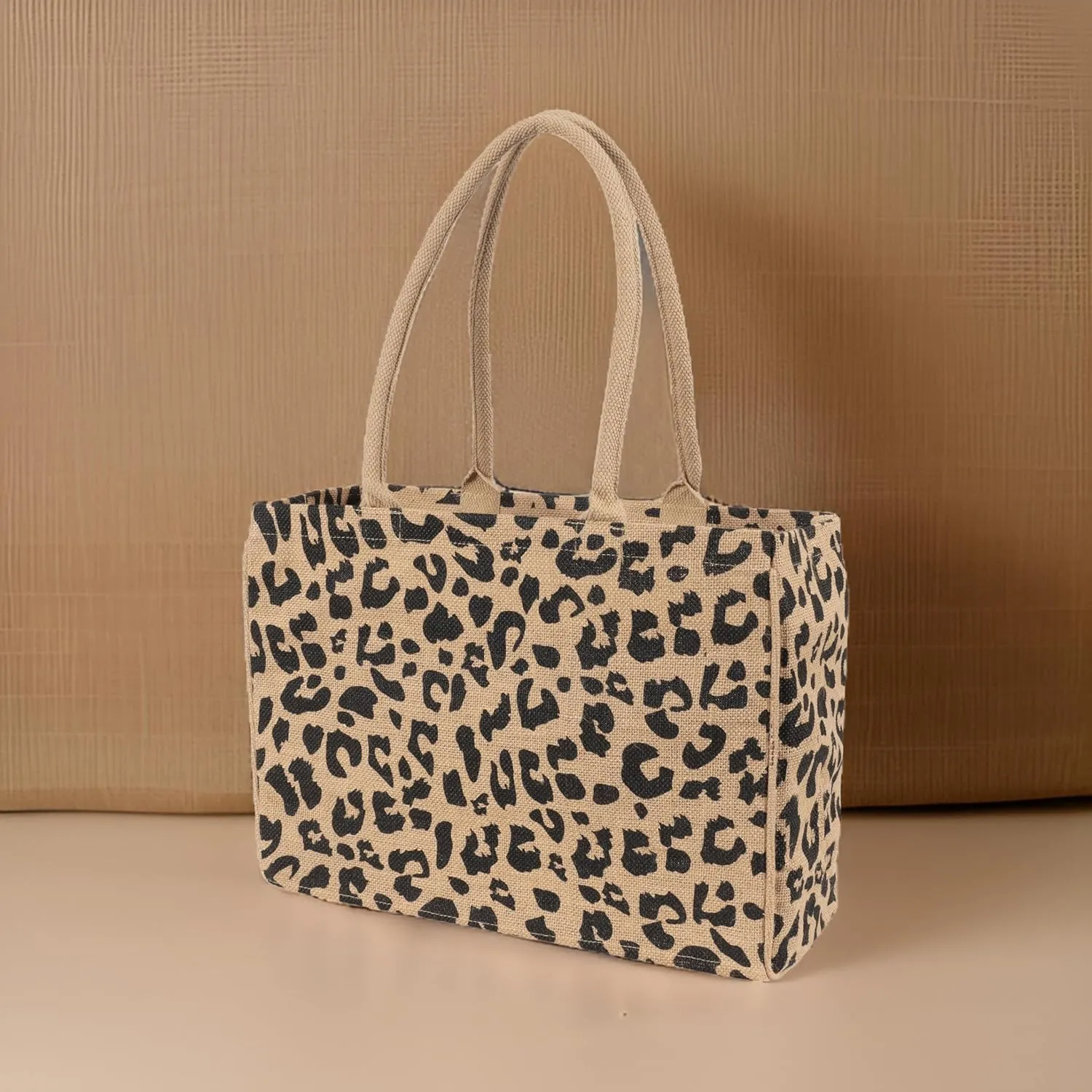 KAF Home Jute Market Tote Bag, Leopard Print, Durable Handle, Reinforced Bottom and Interior Zipper Pocket