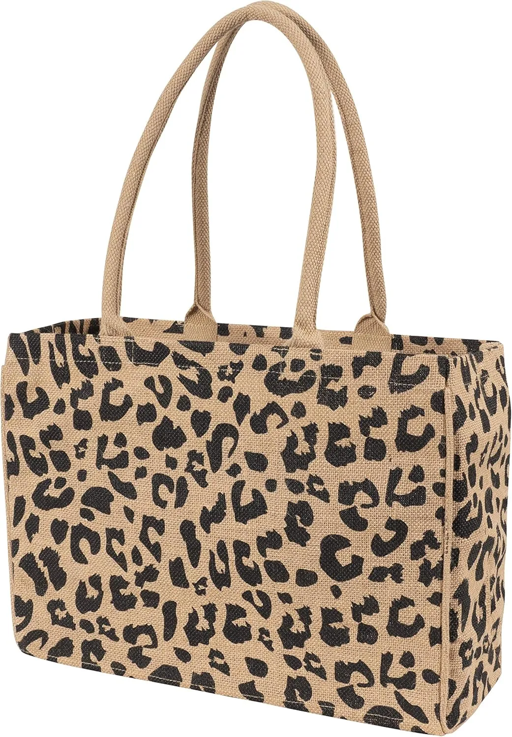 KAF Home Jute Market Tote Bag, Leopard Print, Durable Handle, Reinforced Bottom and Interior Zipper Pocket