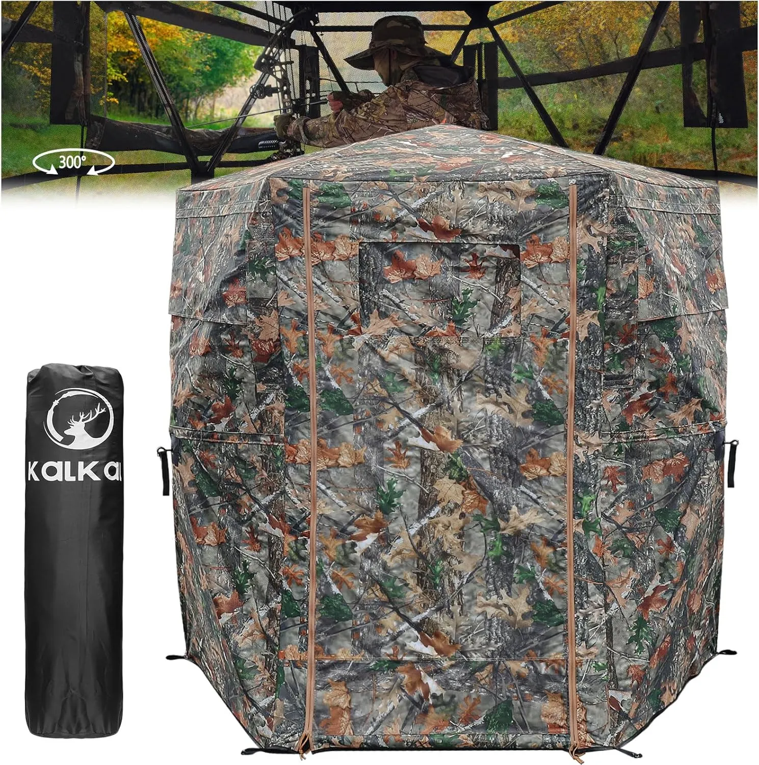 Kalkal Hunting Blind with Full Open Door, 2-3 Person 300° See Through Hunting Blind with Portable Bag, Stable 6-Sided Pop Up Ground Blind for Deer Turkey Bear Hunting
