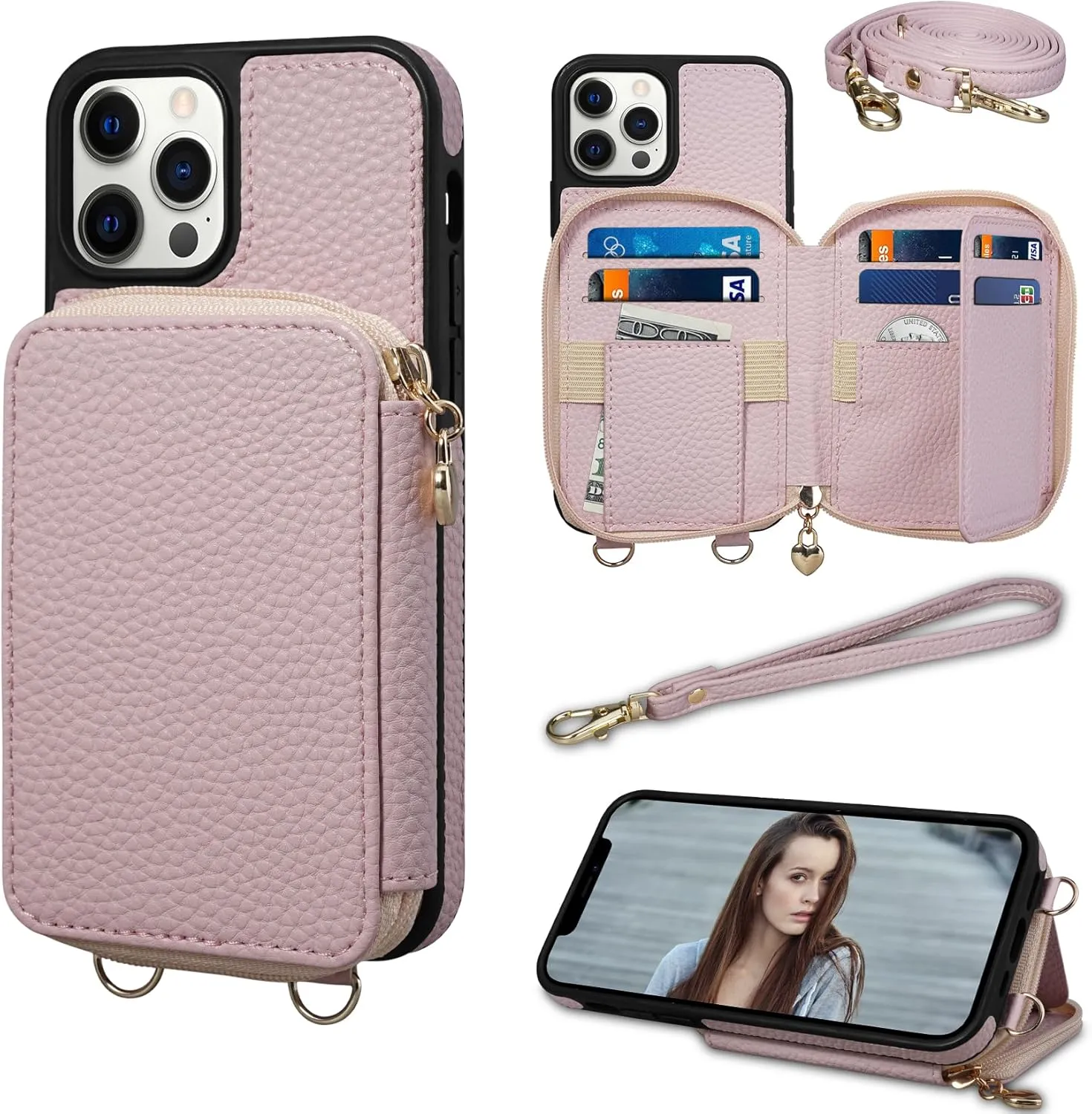 Keallce Case for iPhone 12 Pro/iPhone 12 6.1'' Wallet Case, Crossbody Zipper Handbag, RFID Blocking 10 Card Slot Kickstand, Removable Shoulder & Wrist Strap Protective Cover for iPhone 12/12 Pro,Pink