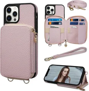 Keallce Case for iPhone 12 Pro/iPhone 12 6.1'' Wallet Case, Crossbody Zipper Handbag, RFID Blocking 10 Card Slot Kickstand, Removable Shoulder & Wrist Strap Protective Cover for iPhone 12/12 Pro,Pink
