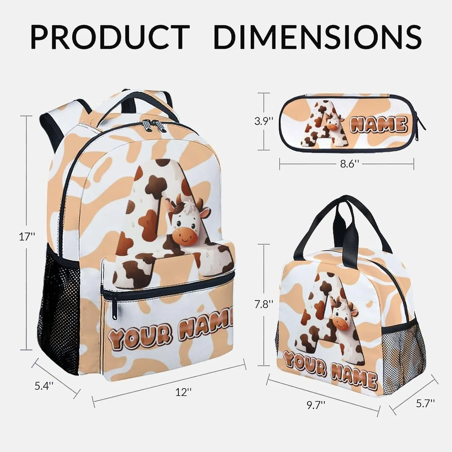 Kids School Backpack Set, Cow Bookbag, Personalized Girls Backpacks with Lunch Box and Pencil Case, 17 Inch Custom Name Boys Bookbags, Durable, Large Capacity