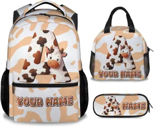 Kids School Backpack Set, Cow Bookbag, Personalized Girls Backpacks with Lunch Box and Pencil Case, 17 Inch Custom Name Boys Bookbags, Durable, Large Capacity