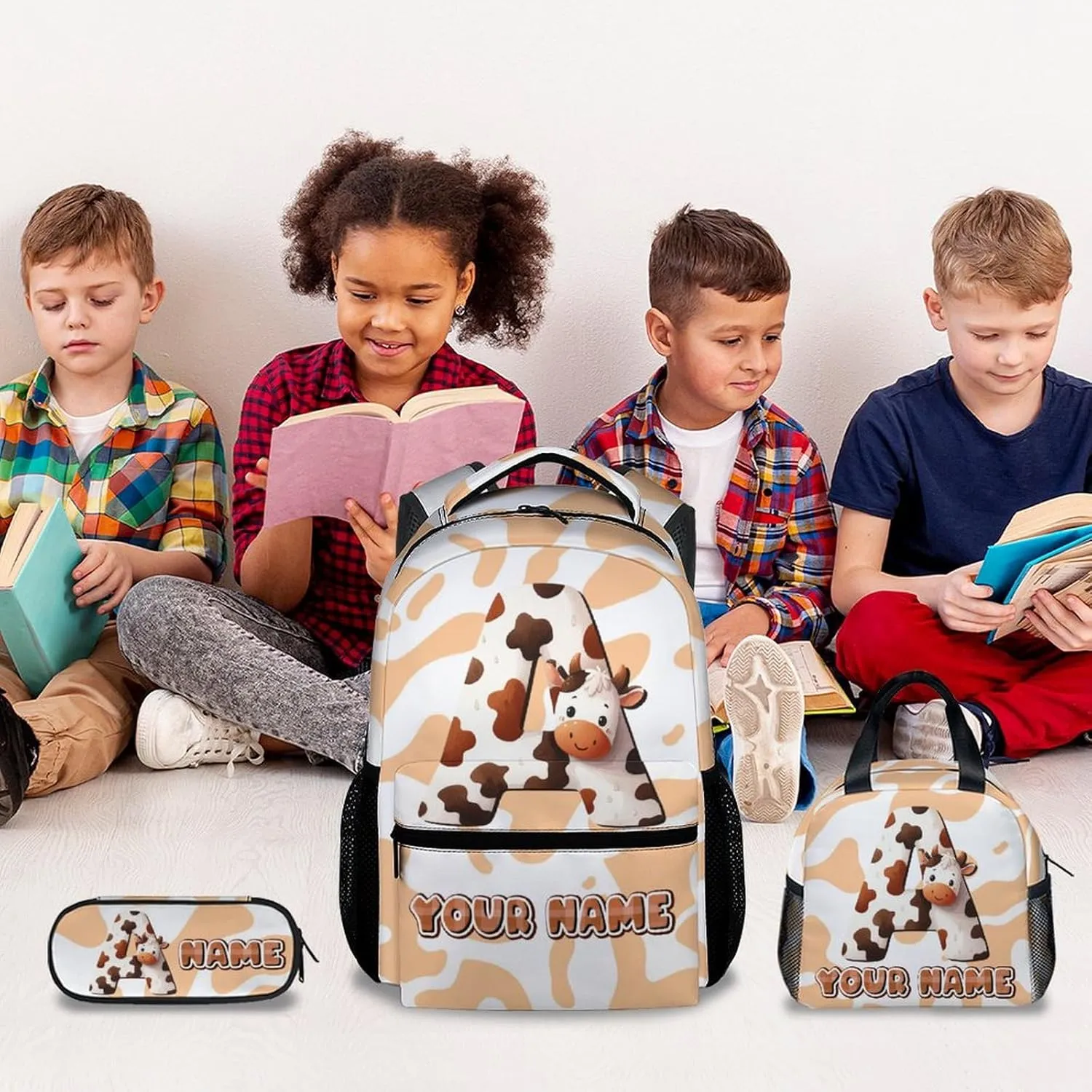 Kids School Backpack Set, Cow Bookbag, Personalized Girls Backpacks with Lunch Box and Pencil Case, 17 Inch Custom Name Boys Bookbags, Durable, Large Capacity
