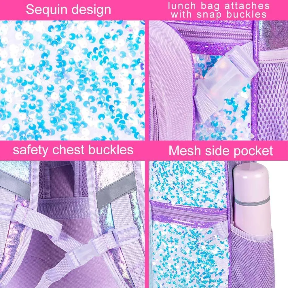 KLFVB 3PCS Unicorn Backpack, 16" Sequin Kids Girls Bookbag and Lunch Box, Preschool Backpacks for Elementary Students