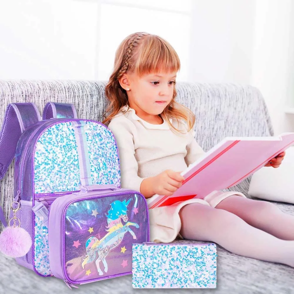KLFVB 3PCS Unicorn Backpack, 16" Sequin Kids Girls Bookbag and Lunch Box, Preschool Backpacks for Elementary Students
