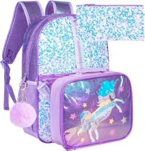 KLFVB 3PCS Unicorn Backpack, 16" Sequin Kids Girls Bookbag and Lunch Box, Preschool Backpacks for Elementary Students