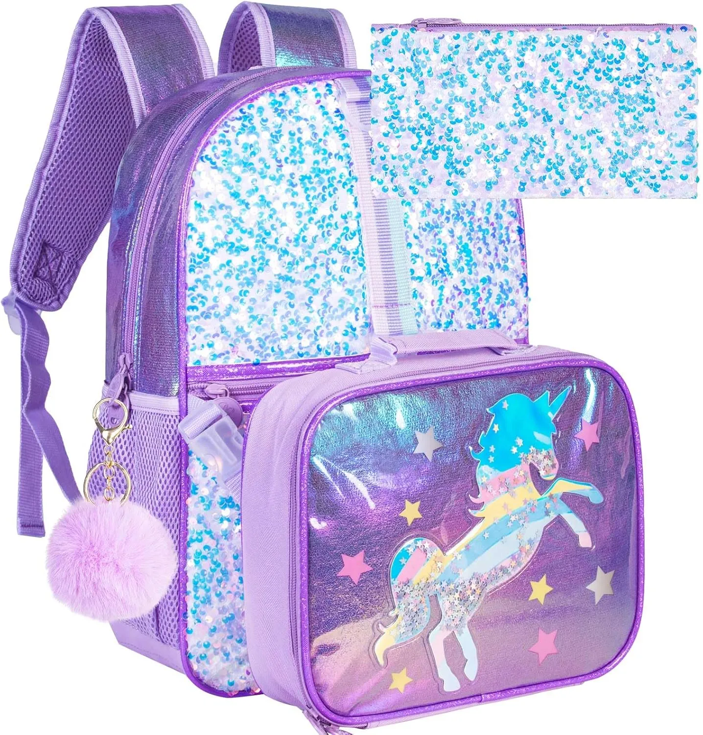 KLFVB 3PCS Unicorn Backpack, 16" Sequin Kids Girls Bookbag and Lunch Box, Preschool Backpacks for Elementary Students