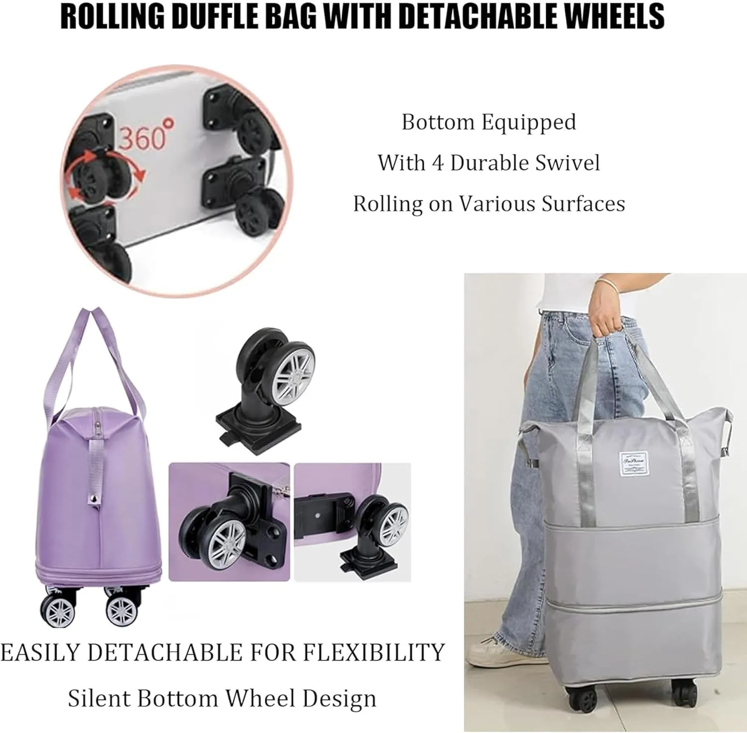 Kulken Travel Bag with wheels, 2025 New Large Capacity Travel Bag - Universal Wheel Removable, Travel Bags Universal (P)