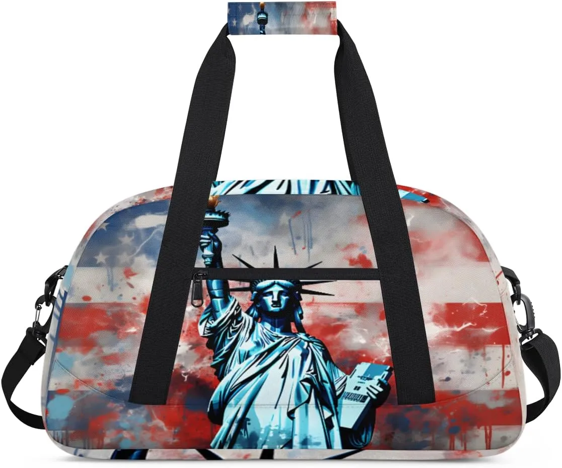 Lady Liberty Gym Duffel Bag for Men Women American Flag Sports Tote Bag with Adjustable Shoulder Strap for Dance Gymnastics Traveling Outdoor Camping Overnight Stay