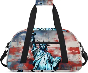Lady Liberty Gym Duffel Bag for Men Women American Flag Sports Tote Bag with Adjustable Shoulder Strap for Dance Gymnastics Traveling Outdoor Camping Overnight Stay
