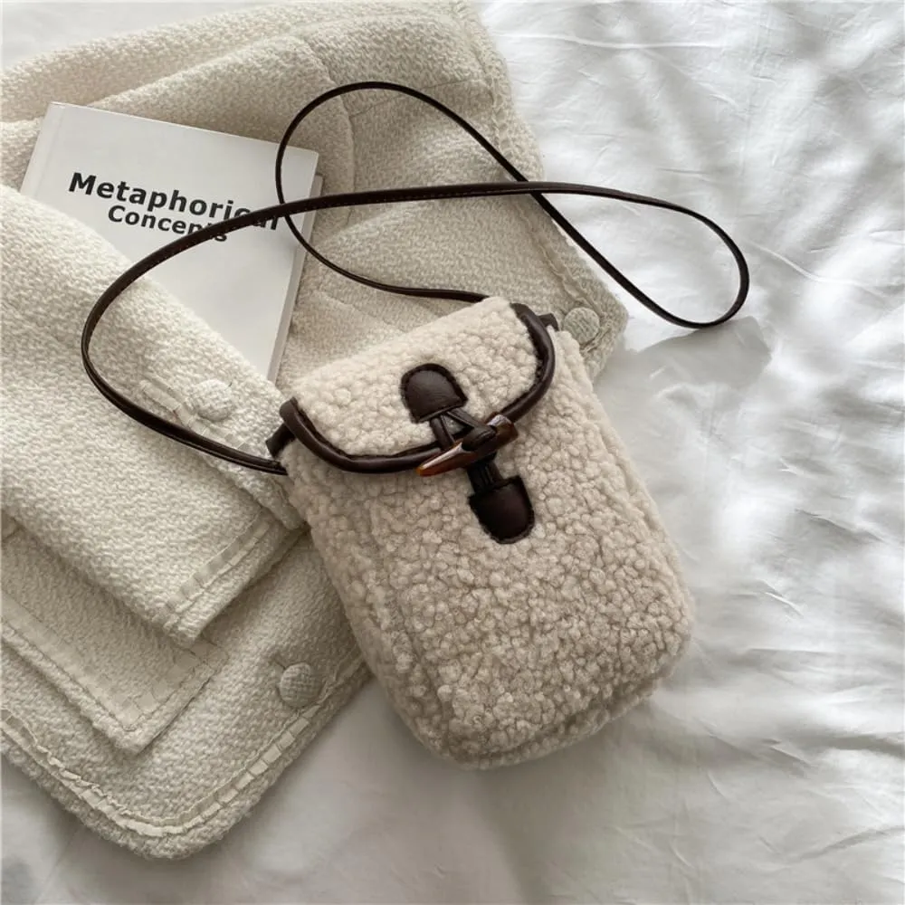 Lamb Fleece Phone Bag Wooly Bag Mobile Phone Bag Shoulder Crossbody Small Bag Female Autumn Winter Vintage Lamb Wool Bag