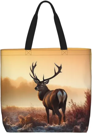 Landscape Deer Large Tote Bag Portable Shopping Handbags With Zipper Inner Pocket Reusable Waterproof Beach Grocery Bag For Women Shopping Travel Work