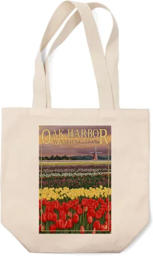 Lantern Press Oak Harbor, Washington, Tulip Fields (100% Cotton Canvas Reusable Tote Bag)