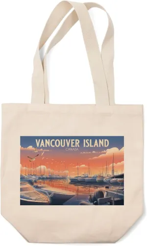 Lantern Press Vancouver Island, British Columbia, Canada, Lithograph, Home Sweet Harbor, Boats in Marina (100% Cotton Canvas Reusable Tote Bag)