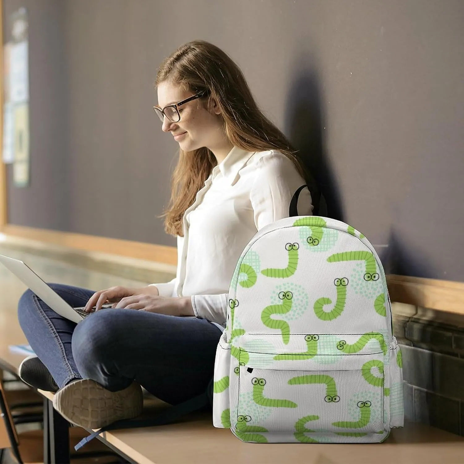 Laptop Backpack for Men Women Funny Green Caterpillar Travel Work Backpack with Compartment Large Capacity Daypack Business Work Bag