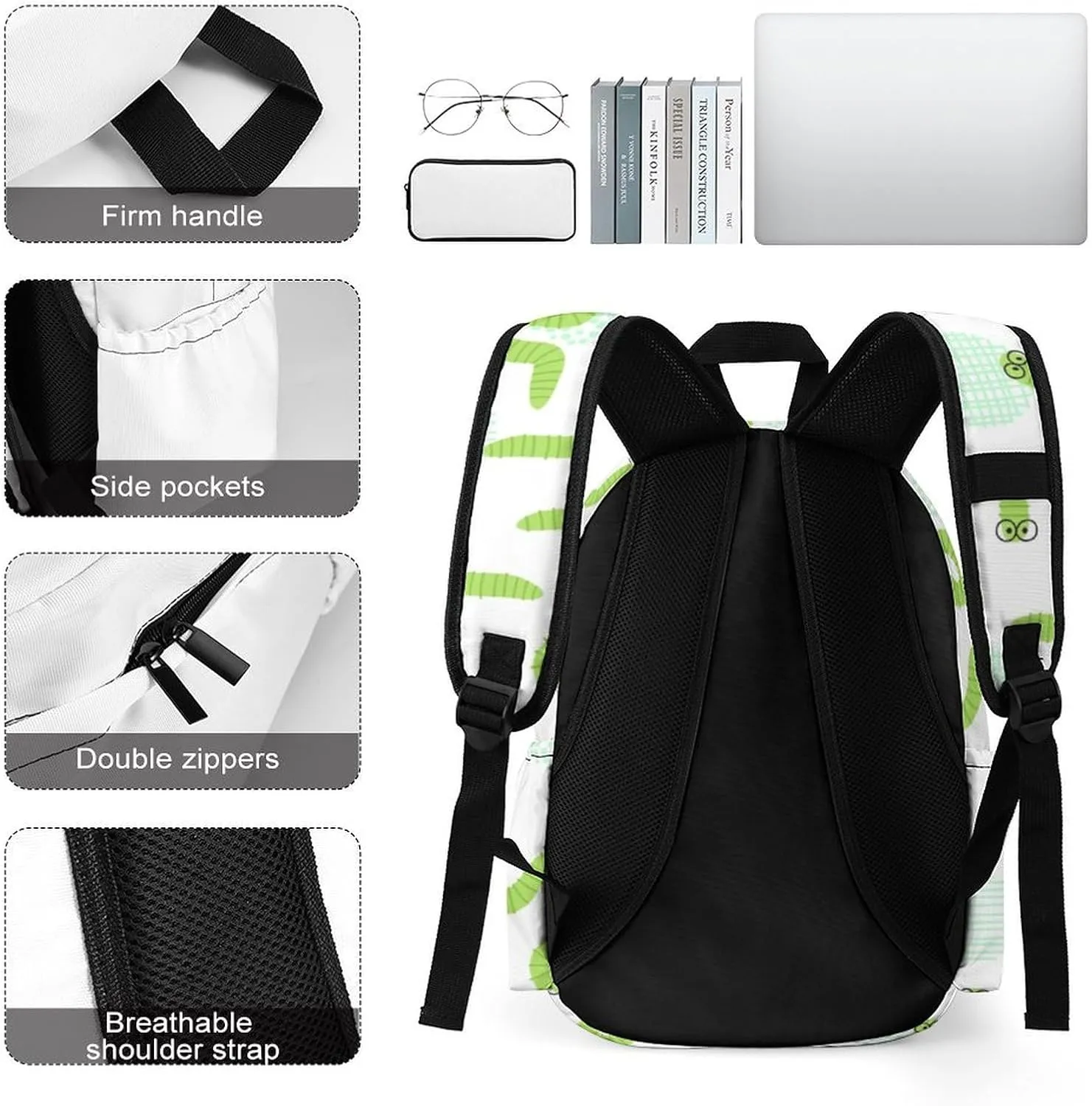 Laptop Backpack for Men Women Funny Green Caterpillar Travel Work Backpack with Compartment Large Capacity Daypack Business Work Bag