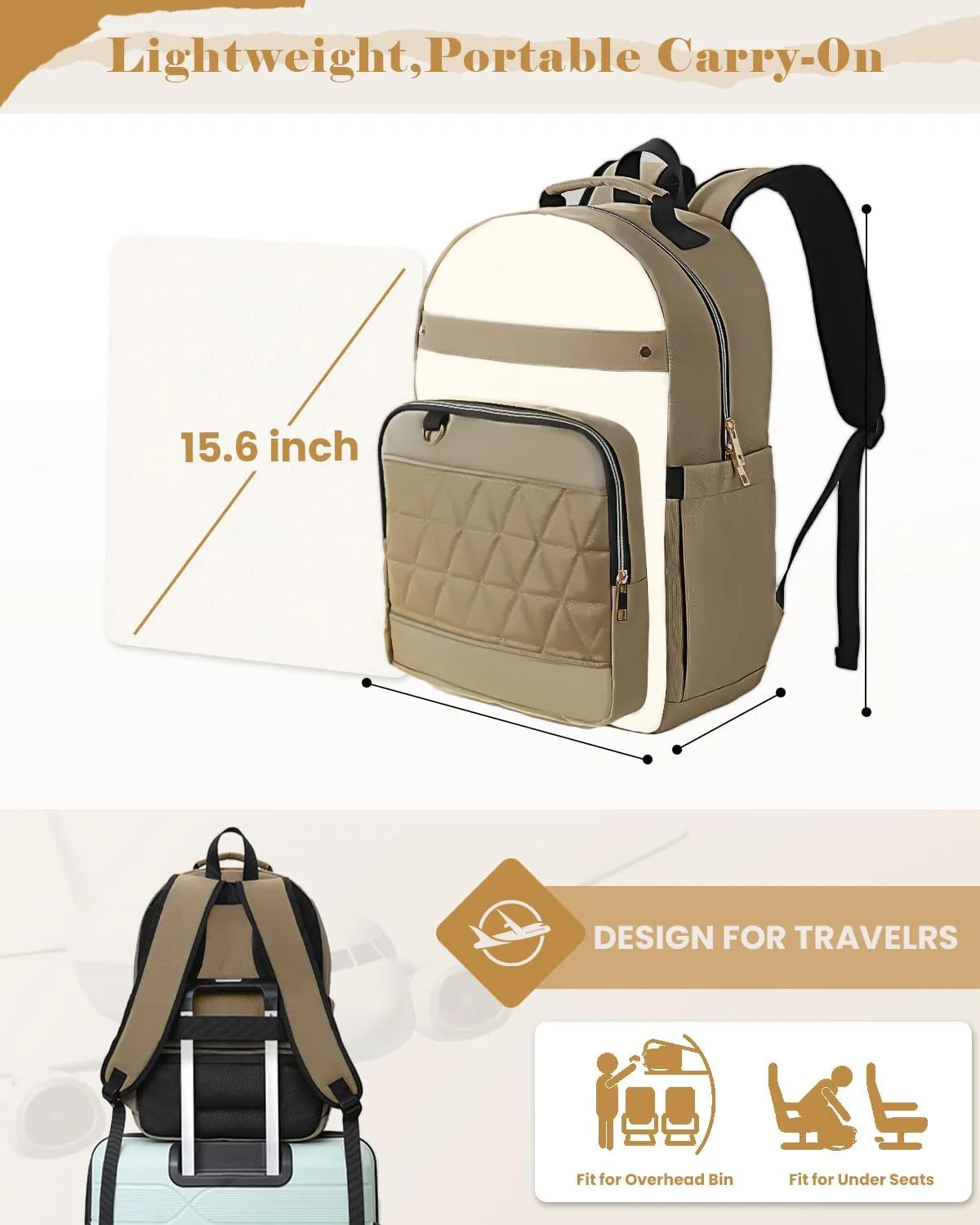 Laptop Backpack for Women, 15.6 inch backpack, Business Backpacks,College Bag Casual Daypack (White-Khaki)