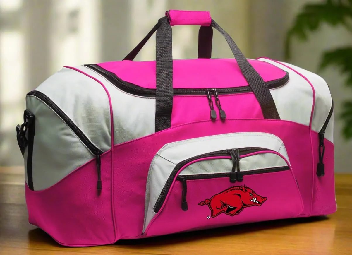 LARGE Arkansas Razorbacks Duffel Bag University of Arkansas Suitcase or Gym Bag For Men Or Her (Arkansas Logo, Pink)