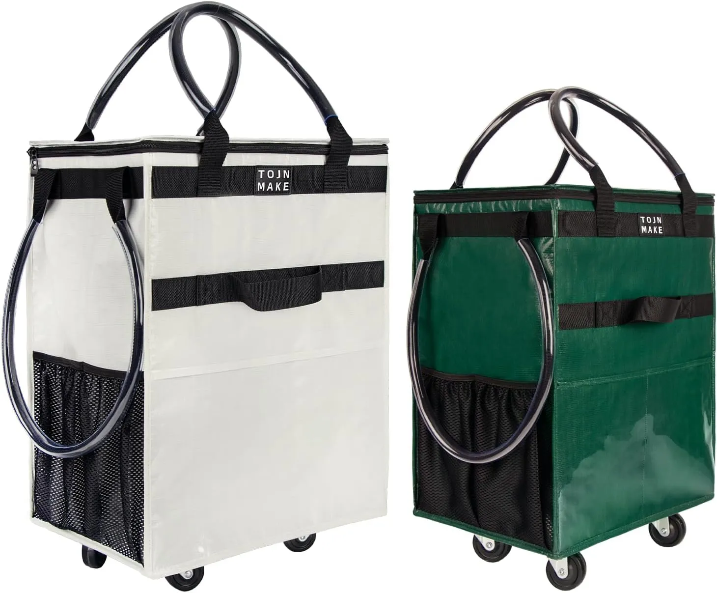 (Large-Green,Medium-Beige) TOJNMAKE 2PCS Reusable Grocery Bag On Wheels, Shopping Trolley, Rolling Bag
