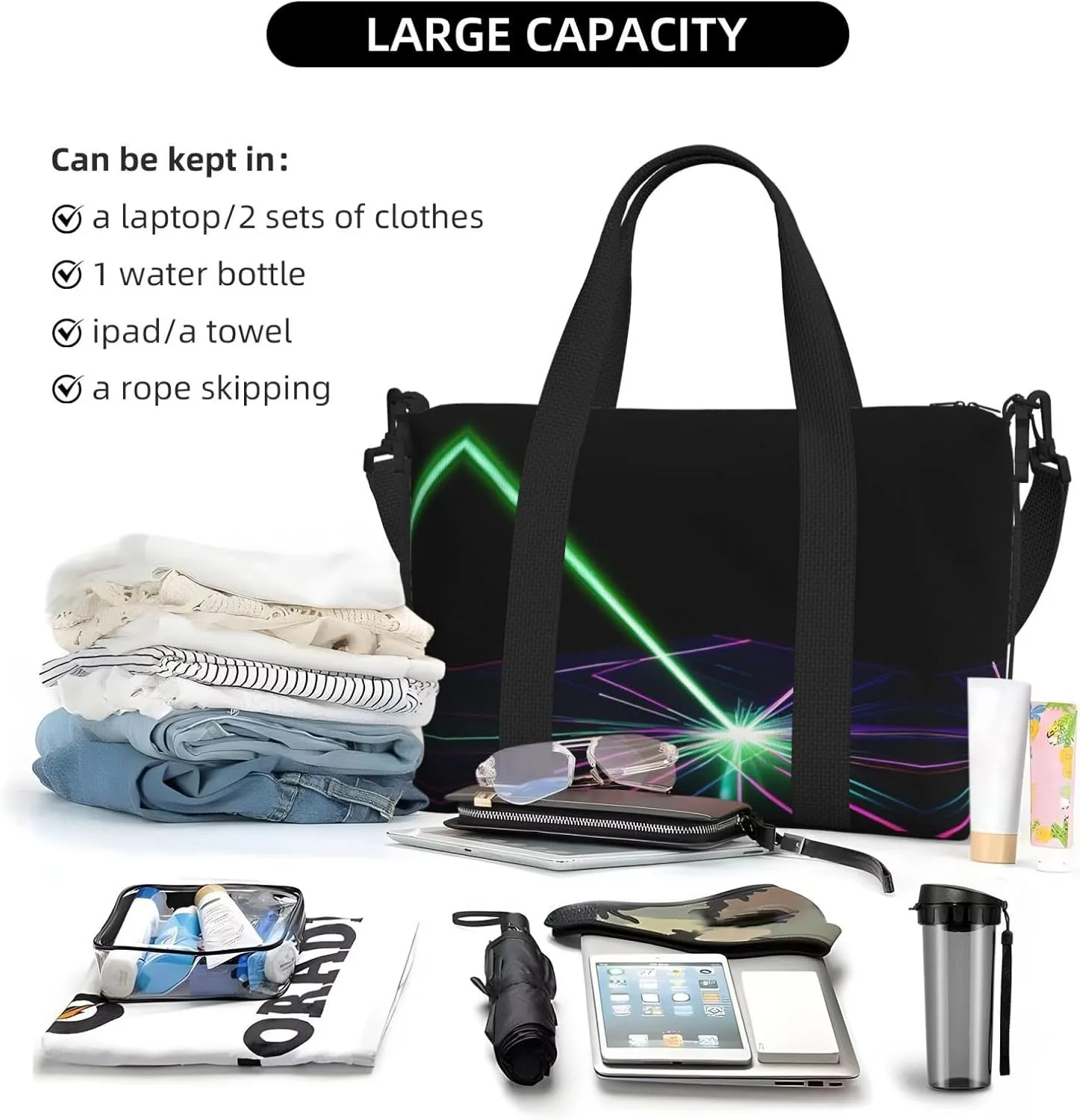 Laser Lights Small Duffel Bag Foldable Travel Bag Weekender Bag Overnight Gym Hospital Bags For Women&Men