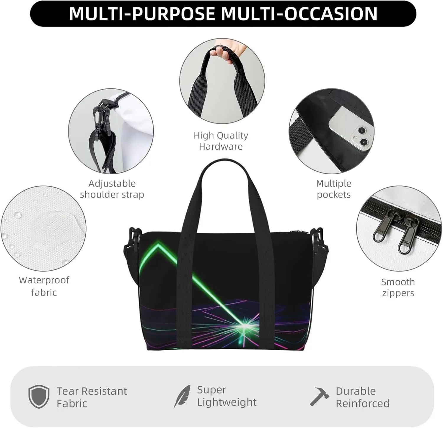 Laser Lights Small Duffel Bag Foldable Travel Bag Weekender Bag Overnight Gym Hospital Bags For Women&Men