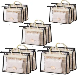 LASZOLA 10Pcs Clear Handbag Storage Organizer Dust Cover Bags, 5 Sizes Transparent Purse Protector Storage Bag with Zipper and Handle for closet shelf, Dustproof and Moistureproof, Black and Beige