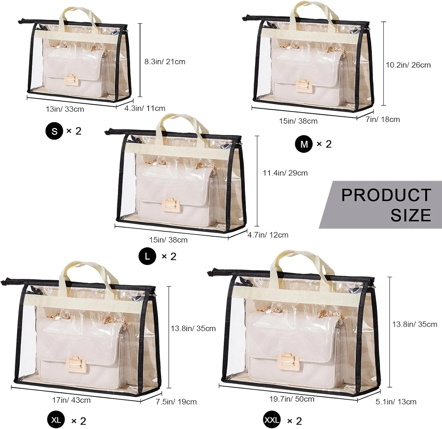 LASZOLA 10Pcs Clear Handbag Storage Organizer Dust Cover Bags, 5 Sizes Transparent Purse Protector Storage Bag with Zipper and Handle for closet shelf, Dustproof and Moistureproof, Black and Beige