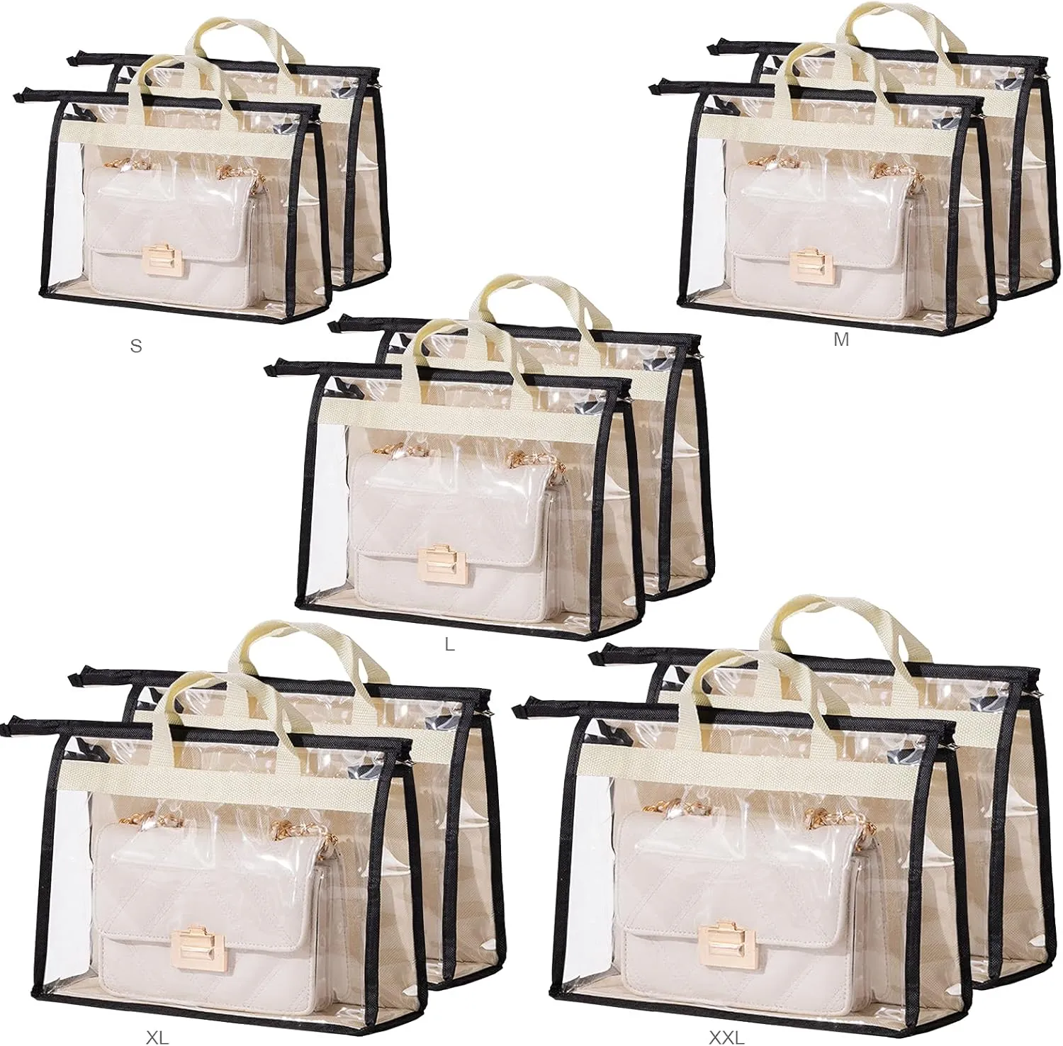 LASZOLA 10Pcs Clear Handbag Storage Organizer Dust Cover Bags, 5 Sizes Transparent Purse Protector Storage Bag with Zipper and Handle for closet shelf, Dustproof and Moistureproof, Black and Beige