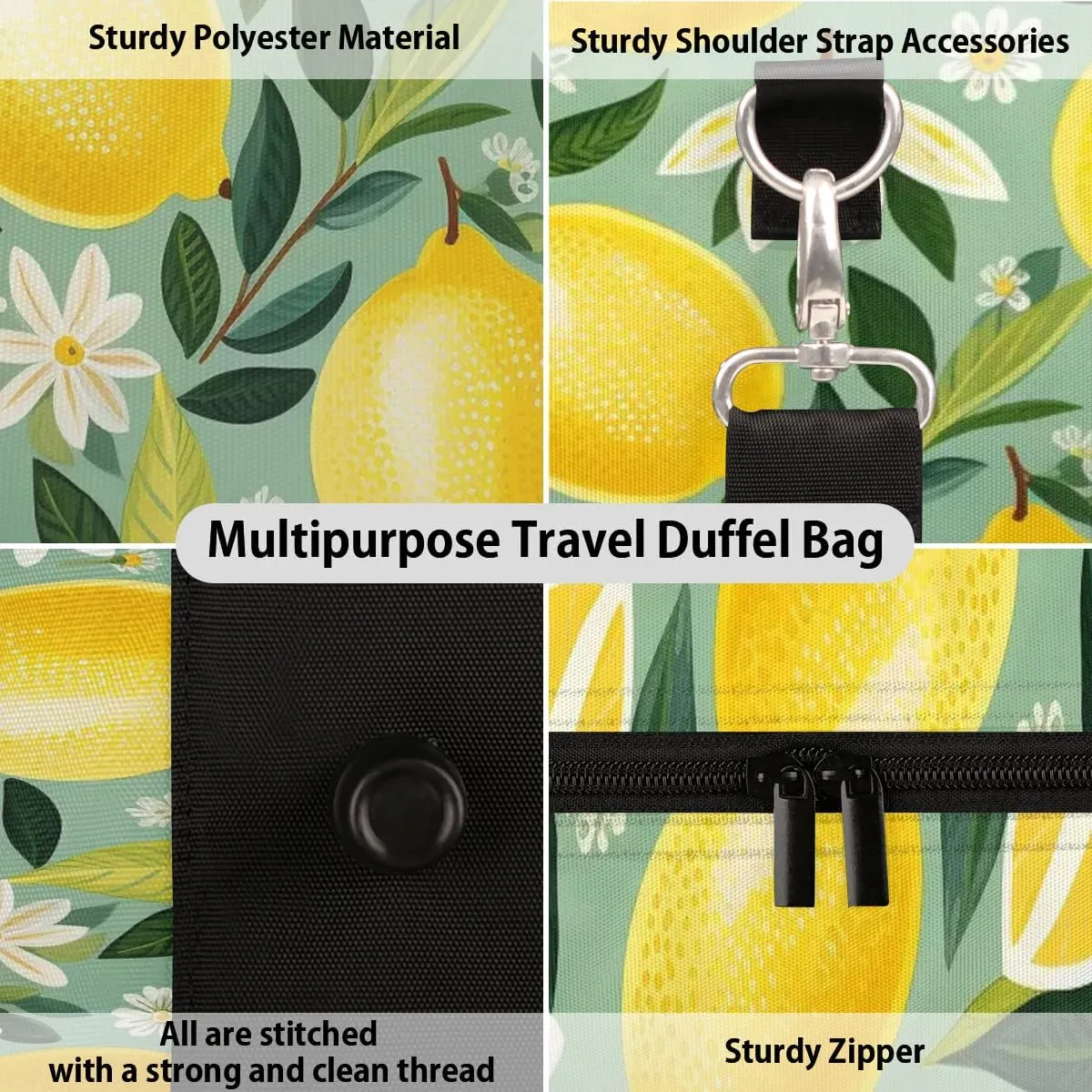 Lemon Pattern Travel Duffel Bag for Women Men Waterproof Foldable Overnight Weekender Bag Large Capacity Sports Gym Bag