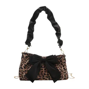 Leopard Purse Bow Cheetah Print Scrunchie Handle Girls Crossbody Wedding Evening Bag with Gold Chain for Women