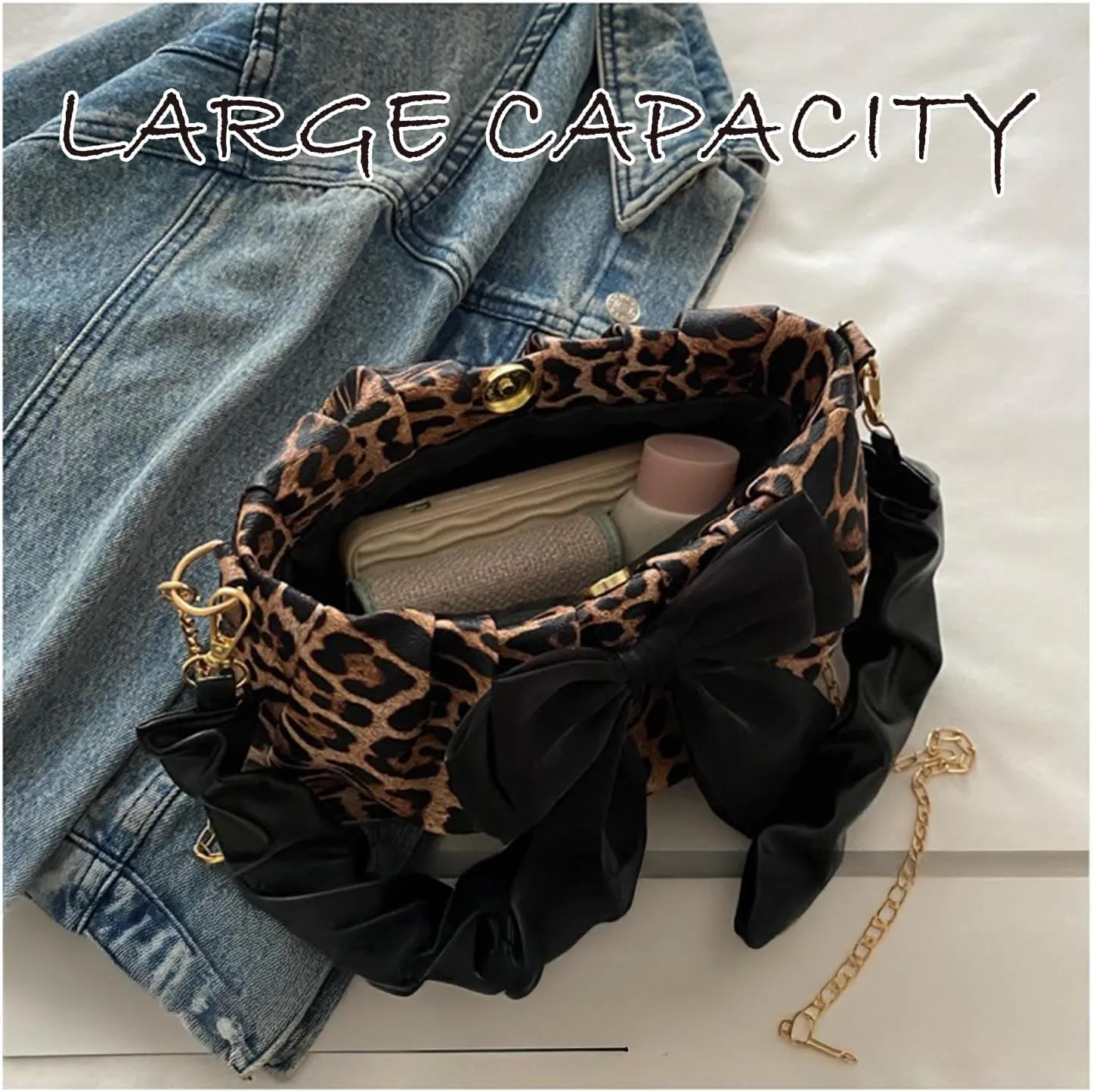 Leopard Purse Bow Cheetah Print Scrunchie Handle Girls Crossbody Wedding Evening Bag with Gold Chain for Women