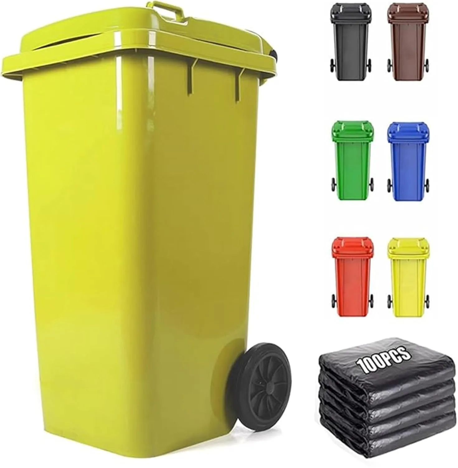 LICOME Outdoor Garbage Can Wheeled Trash Can with Lid,100-Pcs Garbage Bag,Large Garage Trash Can(Yellow,100L)