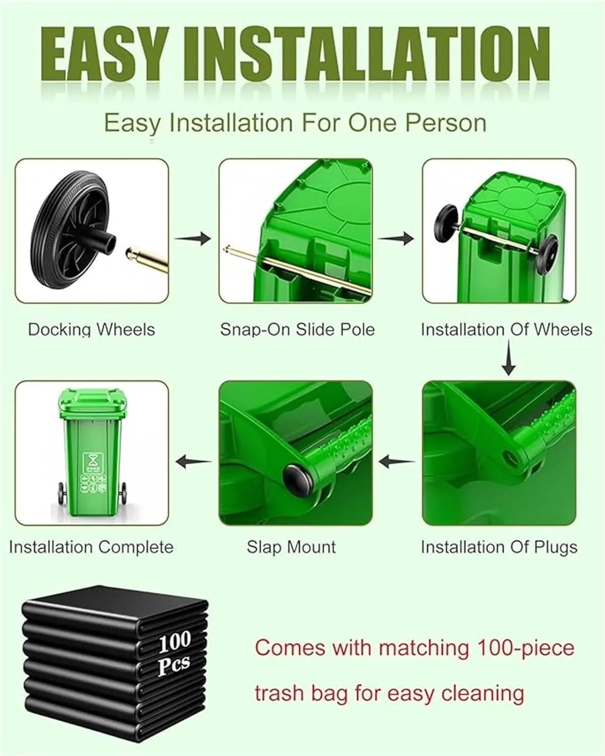 LICOME Outdoor Garbage Can Wheeled Trash Can with Lid,100-Pcs Garbage Bag,Large Garage Trash Can(Yellow,100L)