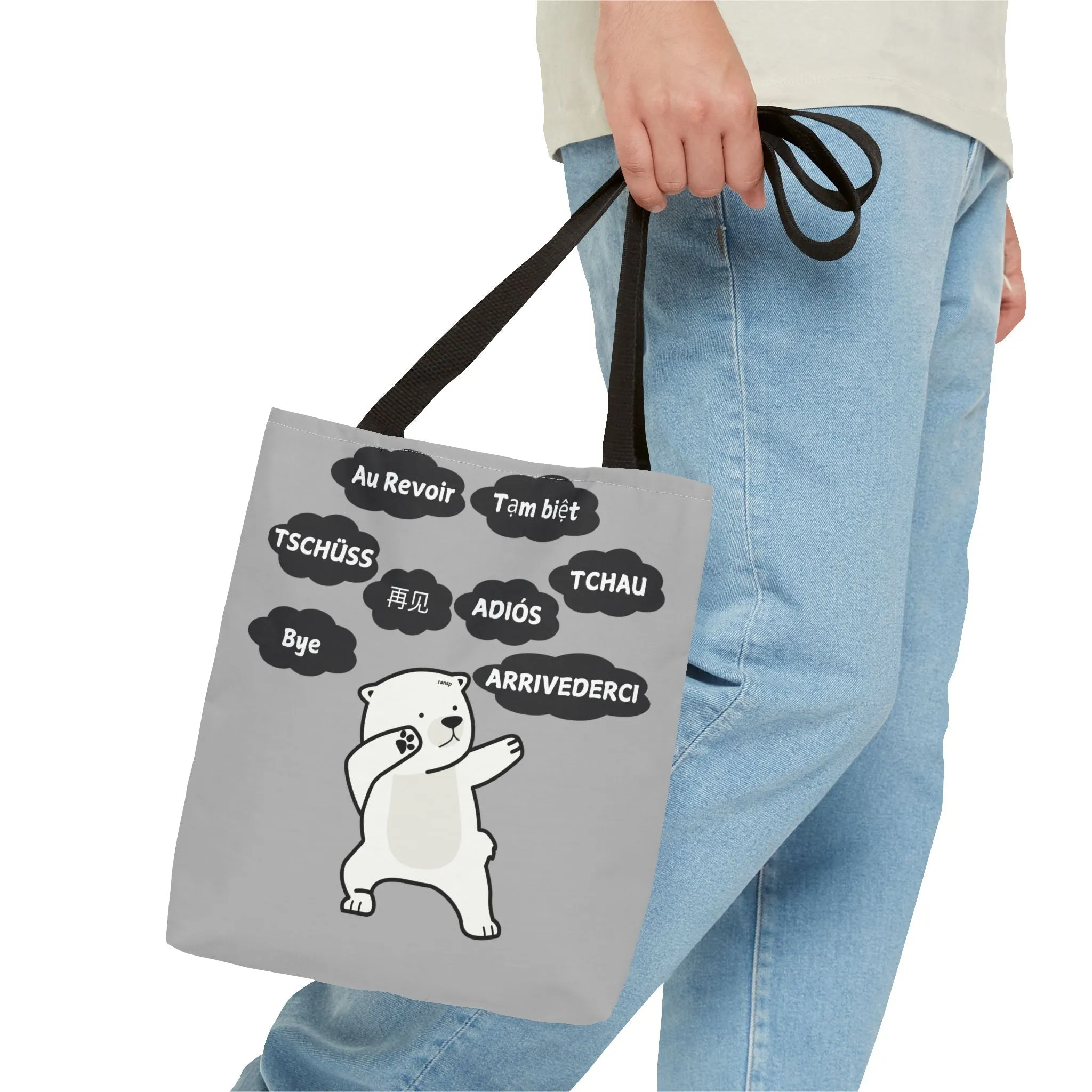 Light Grey Multilingual Farewell Tote Bag with Dancing Bear Design- Perfect for Friendship Gifts, Bag for Shopping, Everyday Shopping bag