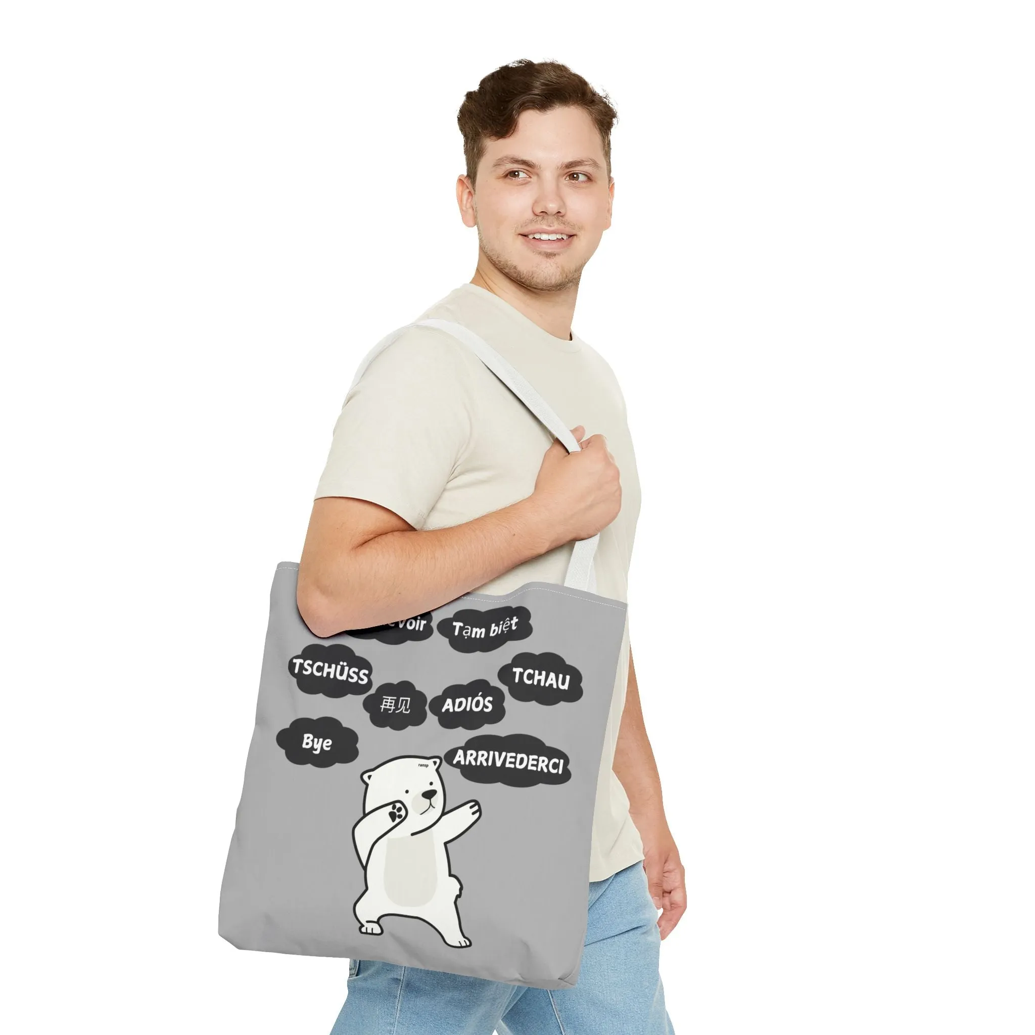 Light Grey Multilingual Farewell Tote Bag with Dancing Bear Design- Perfect for Friendship Gifts, Bag for Shopping, Everyday Shopping bag