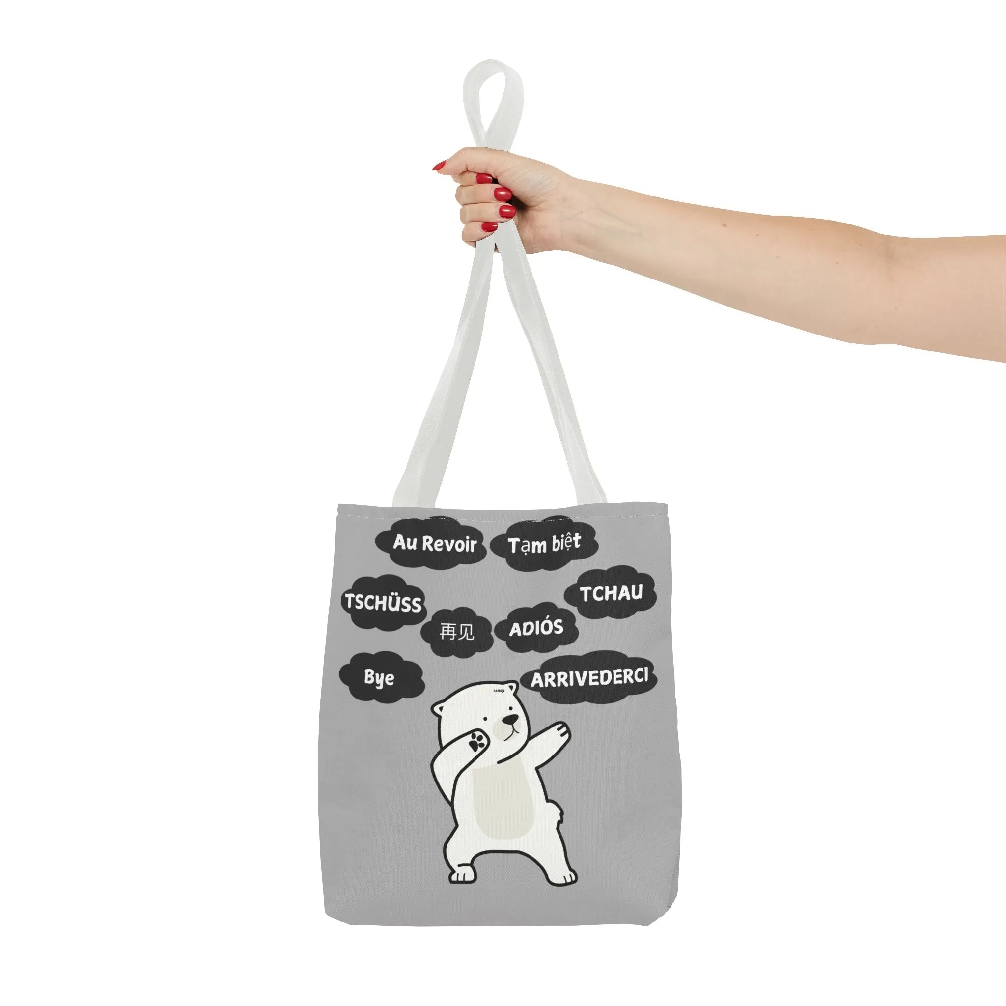 Light Grey Multilingual Farewell Tote Bag with Dancing Bear Design- Perfect for Friendship Gifts, Bag for Shopping, Everyday Shopping bag