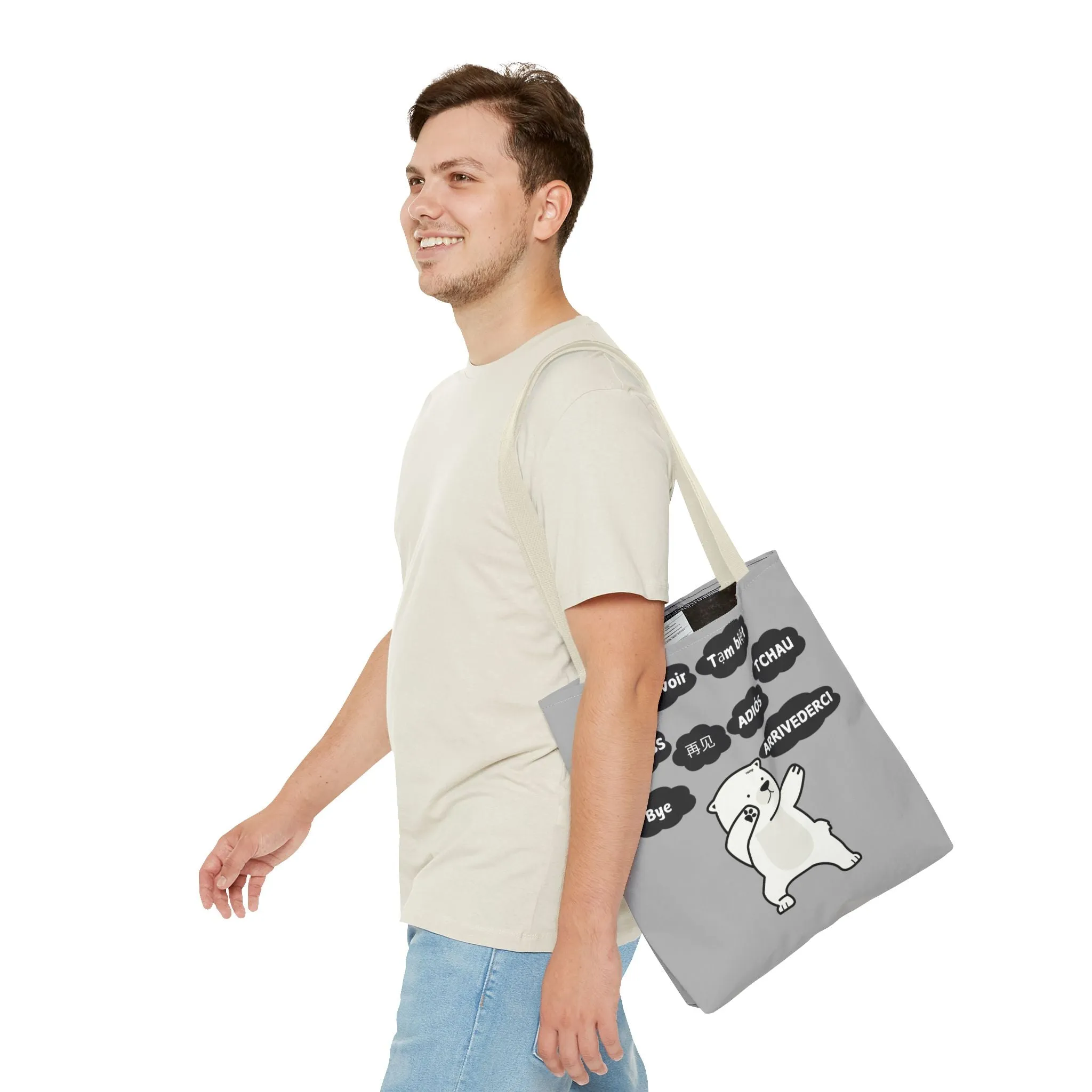 Light Grey Multilingual Farewell Tote Bag with Dancing Bear Design- Perfect for Friendship Gifts, Bag for Shopping, Everyday Shopping bag
