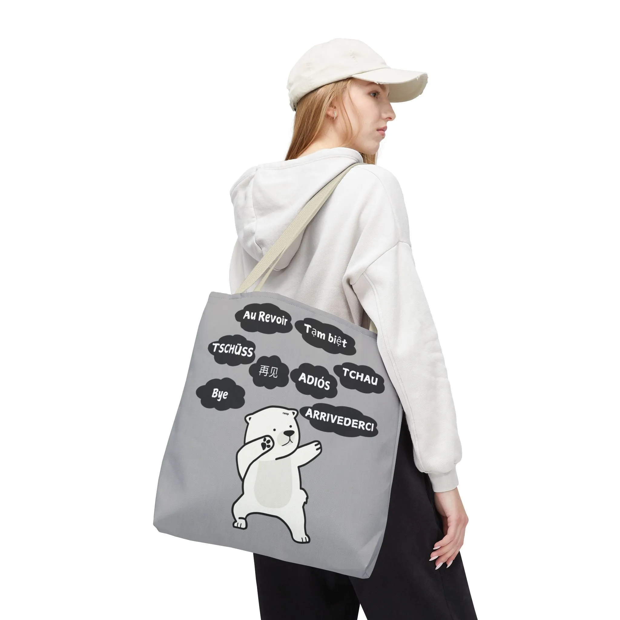 Light Grey Multilingual Farewell Tote Bag with Dancing Bear Design- Perfect for Friendship Gifts, Bag for Shopping, Everyday Shopping bag
