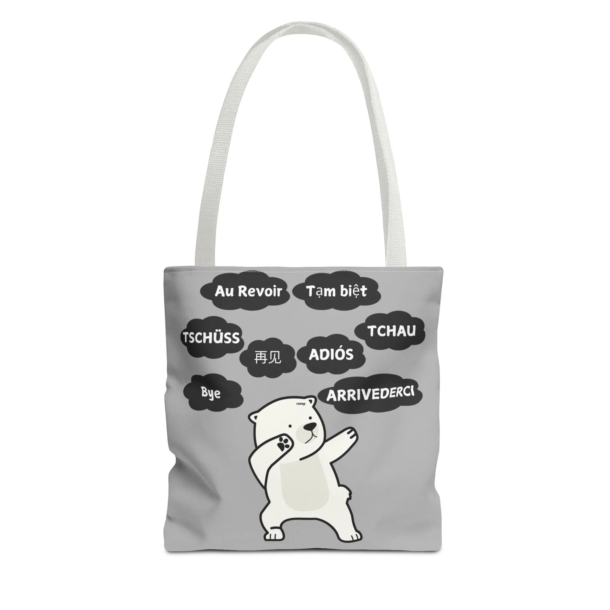 Light Grey Multilingual Farewell Tote Bag with Dancing Bear Design- Perfect for Friendship Gifts, Bag for Shopping, Everyday Shopping bag